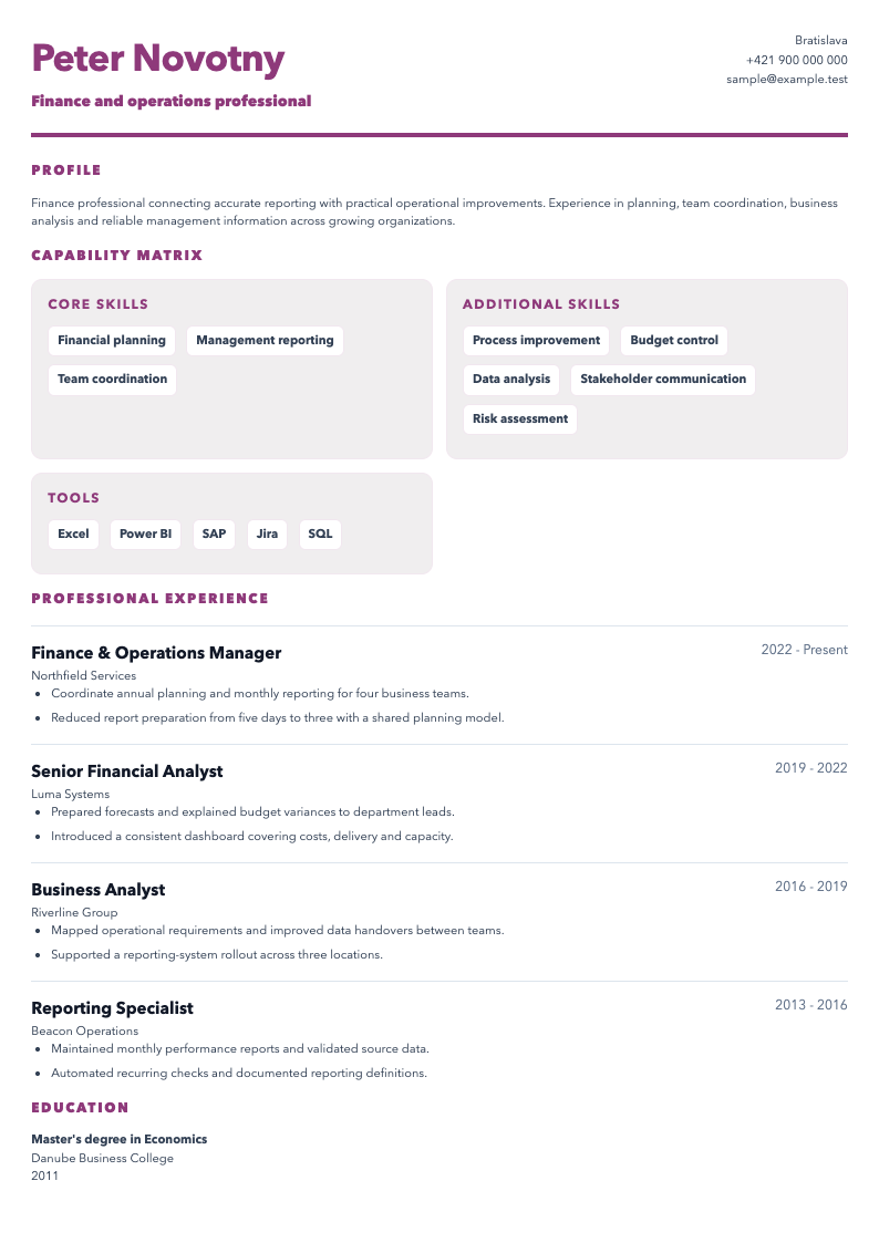 Skills Matrix and Experience CV sample